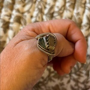 Grateful Dead 13 point bolt Silver Wire Wrapped Ring with Moldavite Stone